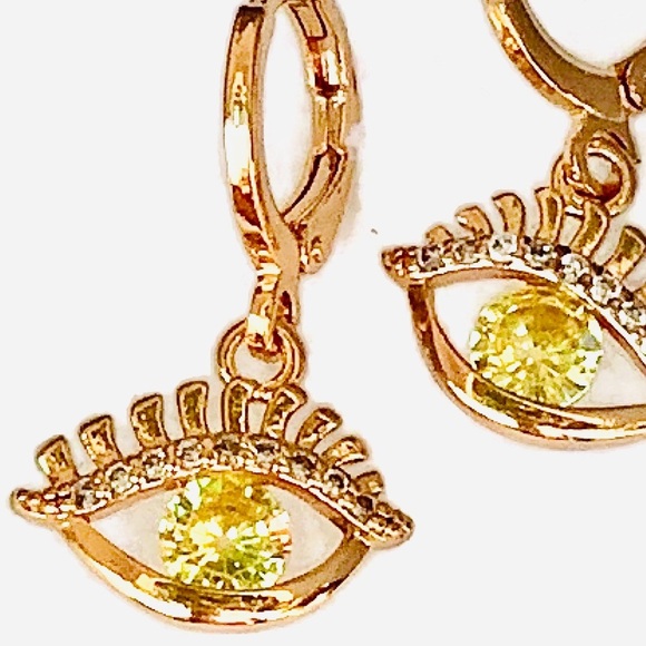 Citrin Color Stones Evil Eye Earrings Gold gilled - Picture 2 of 3